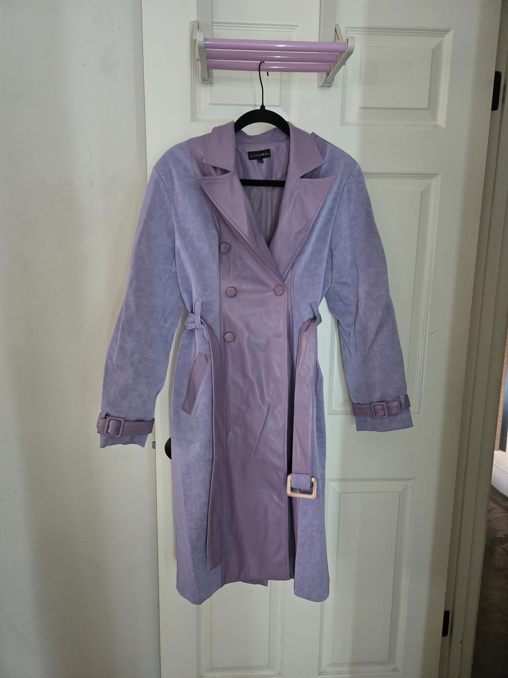 JLUXLABEL Lavender Suede & Leather-Trim Double-Breasted Trench Coat